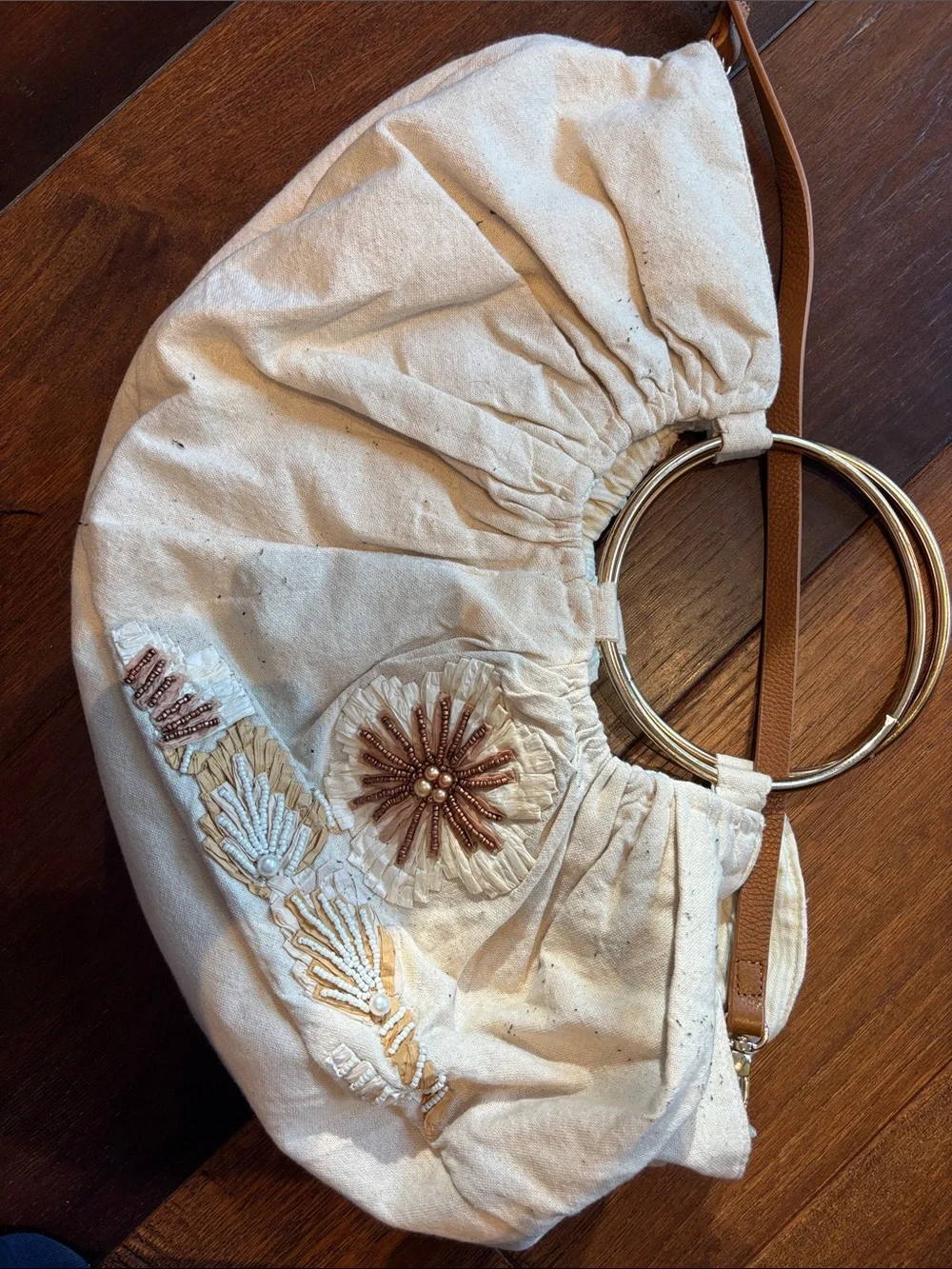 Anthropologie Cream Embroidered Hobo with Gold Ring Handles